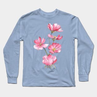 Pink Cosmos Flowers Watercolor Painting Long Sleeve T-Shirt